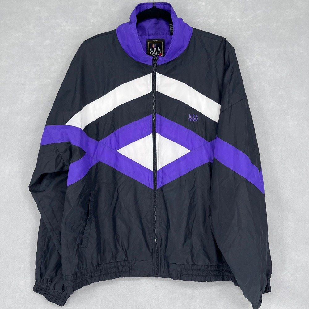 Vintage USA Olympic Track Jacket Mens XL Black Purple White Nylon Full Zip